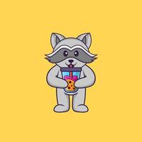 Cute racoon Drinking Boba milk tea. Animal cartoon concept isolated. Can used for t-shirt, greeting card, invitation card or mascot. Flat Cartoon Style vector