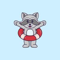 Cute racoon using a float. Animal cartoon concept isolated. Can used for t-shirt, greeting card, invitation card or mascot. Flat Cartoon Style vector