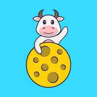 Cute cow is on the moon. Animal cartoon concept isolated. Can used for t-shirt, greeting card, invitation card or mascot. Flat Cartoon Style vector