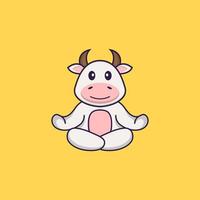 Cute cow is meditating or doing yoga. Animal cartoon concept isolated. Can used for t-shirt, greeting card, invitation card or mascot. Flat Cartoon Style vector