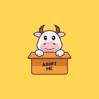 Cute cow in box with a poster Adopt me. Animal cartoon concept isolated. Can used for t-shirt, greeting card, invitation card or mascot. Flat Cartoon Style vector