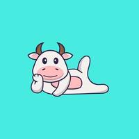 Cute cow lying down. Animal cartoon concept isolated. Can used for t-shirt, greeting card, invitation card or mascot. Flat Cartoon Style vector