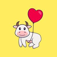 linda vaca volando con globos en forma de amor. aislado concepto de dibujos animados de animales. Puede utilizarse para camiseta, tarjeta de felicitación, tarjeta de invitación o mascota. estilo de dibujos animados plana vector
