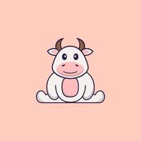 Cute cow is sitting. Animal cartoon concept isolated. Can used for t-shirt, greeting card, invitation card or mascot. Flat Cartoon Style vector