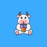 Linda vaca bebiendo té con leche de boba. aislado concepto de dibujos animados de animales. Puede utilizarse para camiseta, tarjeta de felicitación, tarjeta de invitación o mascota. estilo de dibujos animados plana vector