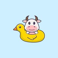 linda vaca con boya de pato. aislado concepto de dibujos animados de animales. Puede utilizarse para camiseta, tarjeta de felicitación, tarjeta de invitación o mascota. estilo de dibujos animados plana vector