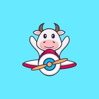 Cute cow flying on a plane. Animal cartoon concept isolated. Can used for t-shirt, greeting card, invitation card or mascot. Flat Cartoon Style vector