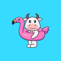 linda vaca con boya flamingo. aislado concepto de dibujos animados de animales. Puede utilizarse para camiseta, tarjeta de felicitación, tarjeta de invitación o mascota. estilo de dibujos animados plana vector