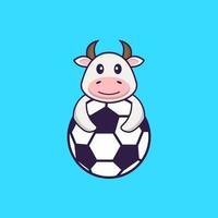 linda vaca jugando al fútbol. aislado concepto de dibujos animados de animales. Puede utilizarse para camiseta, tarjeta de felicitación, tarjeta de invitación o mascota. estilo de dibujos animados plana vector