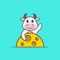 Cute cow is on the moon. Animal cartoon concept isolated. Can used for t-shirt, greeting card, invitation card or mascot. Flat Cartoon Style vector