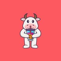 Cute cow Drinking Boba milk tea. Animal cartoon concept isolated. Can used for t-shirt, greeting card, invitation card or mascot. Flat Cartoon Style vector