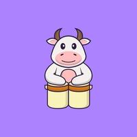 Cute cow is playing drums. Animal cartoon concept isolated. Can used for t-shirt, greeting card, invitation card or mascot. Flat Cartoon Style vector
