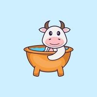 Cute cow taking a bath in the bathtub. Animal cartoon concept isolated. Can used for t-shirt, greeting card, invitation card or mascot. Flat Cartoon Style vector