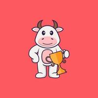 Cute cow holding gold trophy. Animal cartoon concept isolated. Can used for t-shirt, greeting card, invitation card or mascot. Flat Cartoon Style vector