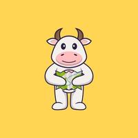 Cute cow holding a map. Animal cartoon concept isolated. Can used for t-shirt, greeting card, invitation card or mascot. Flat Cartoon Style vector