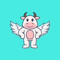 Cute cow using wings. Animal cartoon concept isolated. Can used for t-shirt, greeting card, invitation card or mascot. Flat Cartoon Style vector