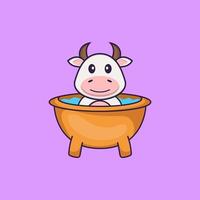 Cute cow taking a bath in the bathtub. Animal cartoon concept isolated. Can used for t-shirt, greeting card, invitation card or mascot. Flat Cartoon Style vector