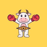 linda vaca en traje de boxeador con cinturón de campeón. aislado concepto de dibujos animados de animales. Puede utilizarse para camiseta, tarjeta de felicitación, tarjeta de invitación o mascota. estilo de dibujos animados plana