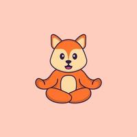 Cute fox is meditating or doing yoga. Animal cartoon concept isolated. Can used for t-shirt, greeting card, invitation card or mascot. Flat Cartoon Style vector