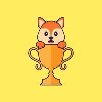 Cute fox with gold trophy. Animal cartoon concept isolated. Can used for t-shirt, greeting card, invitation card or mascot. Flat Cartoon Style vector