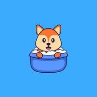 Cute fox taking a bath in the bathtub. Animal cartoon concept isolated. Can used for t-shirt, greeting card, invitation card or mascot. Flat Cartoon Style vector