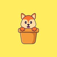 Cute fox in a flower vase. Animal cartoon concept isolated. Can used for t-shirt, greeting card, invitation card or mascot. Flat Cartoon Style vector