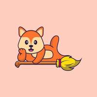 Cute fox lying on Magic Broom. Animal cartoon concept isolated. Can used for t-shirt, greeting card, invitation card or mascot. Flat Cartoon Style vector