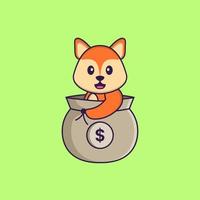 Cute fox in a money bag. Animal cartoon concept isolated. Can used for t-shirt, greeting card, invitation card or mascot. Flat Cartoon Style vector