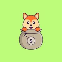 Cute fox playing in money bag. Animal cartoon concept isolated. Can used for t-shirt, greeting card, invitation card or mascot. Flat Cartoon Style vector