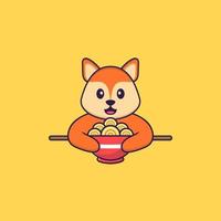 Cute fox eating ramen noodles. Animal cartoon concept isolated. Can used for t-shirt, greeting card, invitation card or mascot. Flat Cartoon Style vector