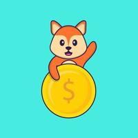 Cute fox holding coin. Animal cartoon concept isolated. Can used for t-shirt, greeting card, invitation card or mascot. Flat Cartoon Style vector