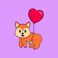 lindo zorro volando con globos en forma de amor. aislado concepto de dibujos animados de animales. Puede utilizarse para camiseta, tarjeta de felicitación, tarjeta de invitación o mascota. estilo de dibujos animados plana vector