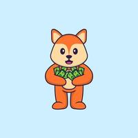 Cute fox holding money. Animal cartoon concept isolated. Can used for t-shirt, greeting card, invitation card or mascot. Flat Cartoon Style vector