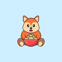 Cute fox eating ramen noodles. Animal cartoon concept isolated. Can used for t-shirt, greeting card, invitation card or mascot. Flat Cartoon Style vector