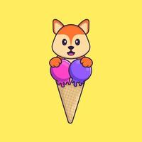 Cute fox with sweet ice cream. Animal cartoon concept isolated. Can used for t-shirt, greeting card, invitation card or mascot. Flat Cartoon Style vector