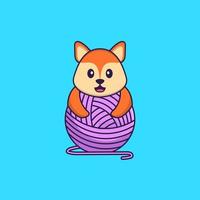 Cute fox playing with wool yarn. Animal cartoon concept isolated. Can used for t-shirt, greeting card, invitation card or mascot. Flat Cartoon Style vector