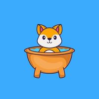 Cute fox taking a bath in the bathtub. Animal cartoon concept isolated. Can used for t-shirt, greeting card, invitation card or mascot. Flat Cartoon Style vector