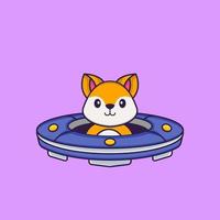 Cute fox Driving Spaceship Ufo. Animal cartoon concept isolated. Can used for t-shirt, greeting card, invitation card or mascot. Flat Cartoon Style vector