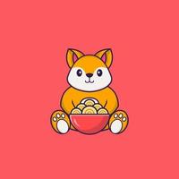 Cute fox eating ramen noodles. Animal cartoon concept isolated. Can used for t-shirt, greeting card, invitation card or mascot. Flat Cartoon Style vector