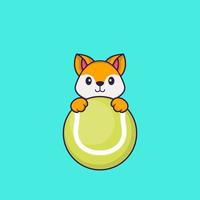 Cute fox playing tennis. Animal cartoon concept isolated. Can used for t-shirt, greeting card, invitation card or mascot. Flat Cartoon Style vector