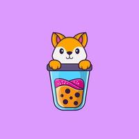 Cute fox Drinking Boba milk tea. Animal cartoon concept isolated. Can used for t-shirt, greeting card, invitation card or mascot. Flat Cartoon Style vector