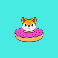 Cute fox with a donut on his neck. Animal cartoon concept isolated. Can used for t-shirt, greeting card, invitation card or mascot. Flat Cartoon Style vector