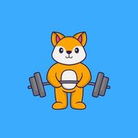 Cute fox lifts the barbell. Animal cartoon concept isolated. Can used for t-shirt, greeting card, invitation card or mascot. Flat Cartoon Style vector