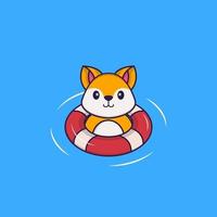 Cute fox is Swimming with a buoy. Animal cartoon concept isolated. Can used for t-shirt, greeting card, invitation card or mascot. Flat Cartoon Style vector