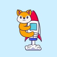 Cute fox flying on rocket. Animal cartoon concept isolated. Can used for t-shirt, greeting card, invitation card or mascot. Flat Cartoon Style vector