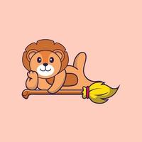 Cute lion lying on Magic Broom. Animal cartoon concept isolated. Can used for t-shirt, greeting card, invitation card or mascot. Flat Cartoon Style vector