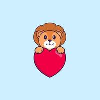 Cute lion holding a big red heart. Animal cartoon concept isolated. Can used for t-shirt, greeting card, invitation card or mascot. Flat Cartoon Style vector