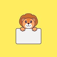Cute lion holding whiteboard. Animal cartoon concept isolated. Can used for t-shirt, greeting card, invitation card or mascot. Flat Cartoon Style vector