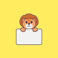 Cute lion holding whiteboard. Animal cartoon concept isolated. Can used for t-shirt, greeting card, invitation card or mascot. Flat Cartoon Style vector