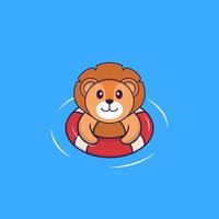 Cute lion is Swimming with a buoy. Animal cartoon concept isolated. Can used for t-shirt, greeting card, invitation card or mascot. Flat Cartoon Style vector